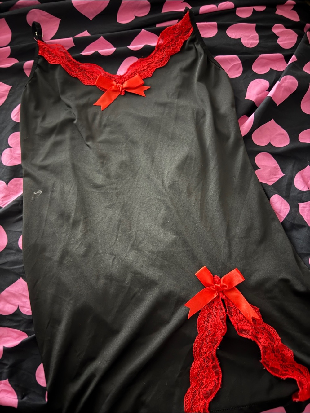SHEIN Black Chemise with Red Lace Trim and Bows